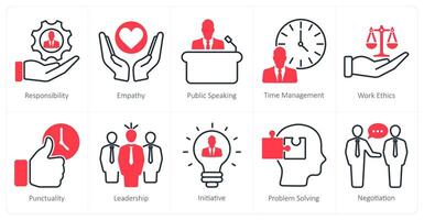 A set of 10 soft skills icons as responsibility, empathy, public speaking vector