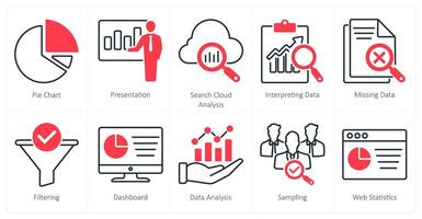A set of 10 statistics icons as pie chart, presentation, search cloud analysis vector