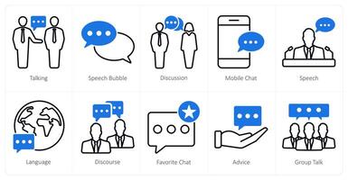 A set of 10 communication icons as talking, speech bubble, discussion vector