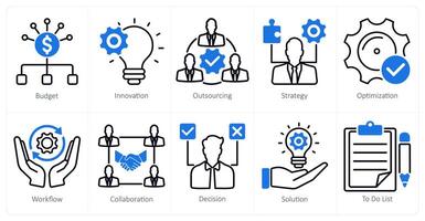 A set of 10 project management icons as budget, innovation, outsourcing vector