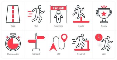 A set of 10 running icons as road, run, finish line vector