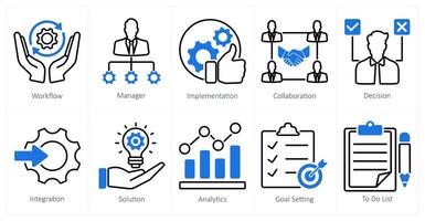 A set of 10 project management icons as workflow, manager, implementation vector