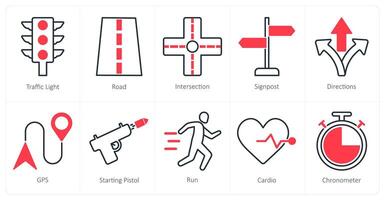 A set of 10 running icons as traffic light, road, intersection vector