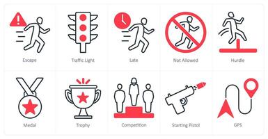 A set of 10 running icons as escape, traffic light, late vector