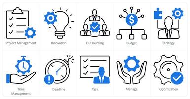 A set of 10 project management icons as project management, innovation, outsourcing vector