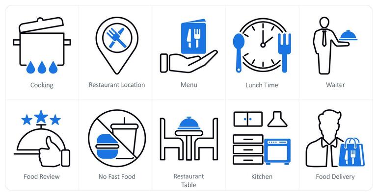 A set of 10 restaurant icons as cooking, restaurant location, menu