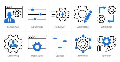 A set of 10 settings and configuration icons as control panel, adjustments, productivity vector