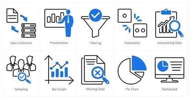 A set of 10 statistics icons as data collection, presentation, filtering vector