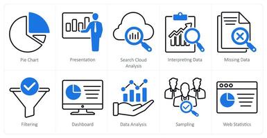 A set of 10 statistics icons as pie chart, presentation, search cloud analysis vector