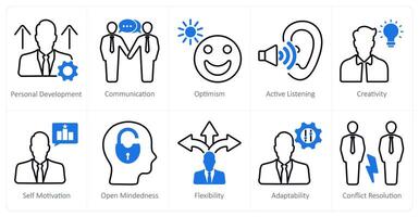 A set of 10 soft skills icons as personal development, communication, optimism vector