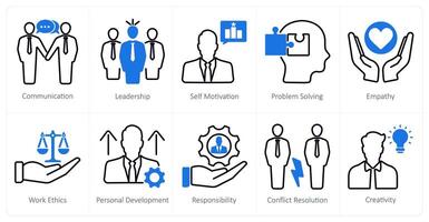 A set of 10 soft skills icons as communication, leadership, self motivation vector