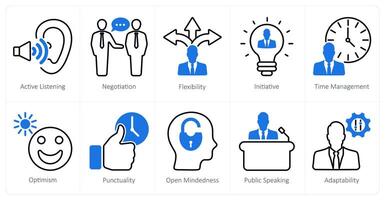 A set of 10 soft skills icons as active listening, negotiation, flexibility vector