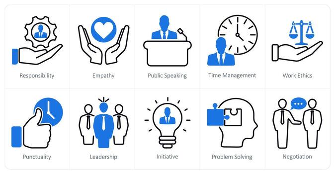 A set of 10 soft skills icons as responsibility, empathy, public speaking vector