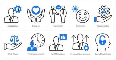 A set of 10 soft skills icons as adaptability, empathy, negotiation vector