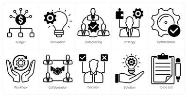 A set of 10 project management icons as budget, innovation, outsourcing vector