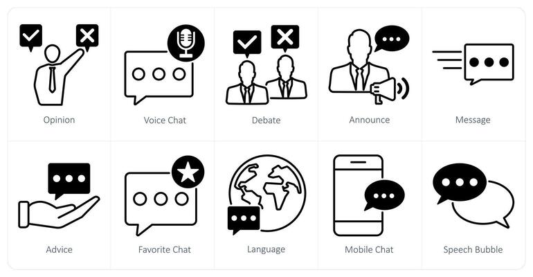 A set of 10 communication icons as opinion, voice chat, debate