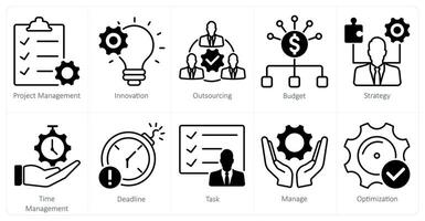 A set of 10 project management icons as project management, innovation, outsourcing vector