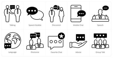 A set of 10 communication icons as talking, speech bubble, discussion vector