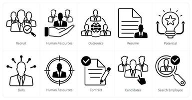 A set of 10 recruitment icons as recruit, human resources, outsource vector