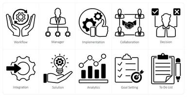 A set of 10 project management icons as workflow, manager, implementation vector