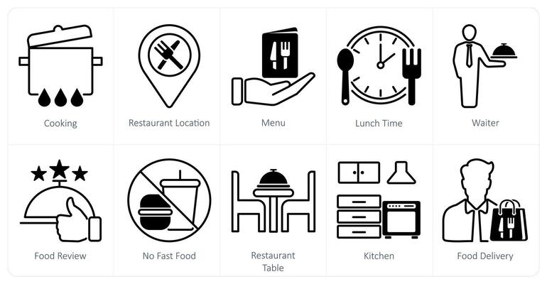 A set of 10 restaurant icons as cooking, restaurant location, menu