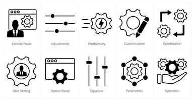 A set of 10 settings and configuration icons as control panel, adjustments, productivity vector