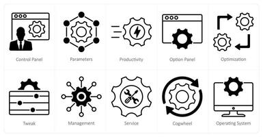 A set of 10 settings and configuration icons as control panel, parameters, productivity vector