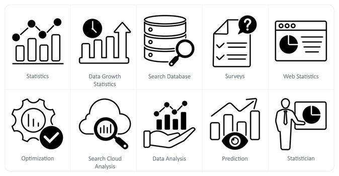 A set of 10 statistics icons as statistics, data growth statistics, search database vector
