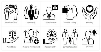 A set of 10 soft skills icons as communication, leadership, self motivation vector