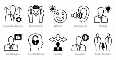 A set of 10 soft skills icons as personal development, communication, optimism vector