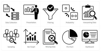 A set of 10 statistics icons as data collection, presentation, filtering vector