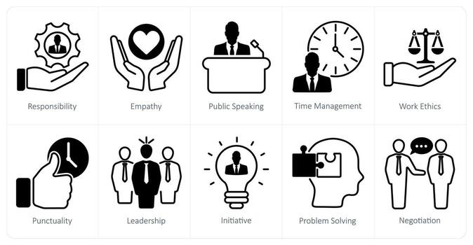 un conjunto de 10 suave habilidades íconos como responsabilidad, empatía, público Hablando vector