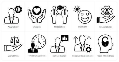 A set of 10 soft skills icons as adaptability, empathy, negotiation vector