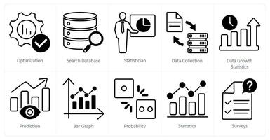 A set of 10 statistics icons as optimization, search database, statistician vector