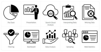 A set of 10 statistics icons as pie chart, presentation, search cloud analysis vector
