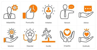 A set of 10 mix icons as adaptability, punctuality, initiative vector