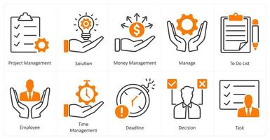A set of 10 mix icons as project management, solution, money management vector