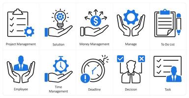 A set of 10 mix icons as project management, solution, money management vector