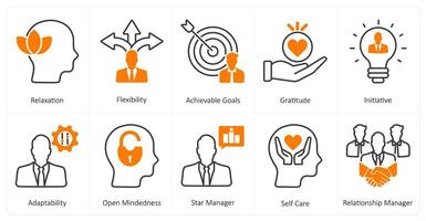 A set of 10 mix icons as relaxation, flexibility, achievable goals vector
