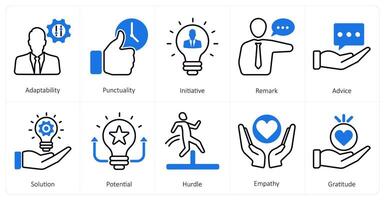 A set of 10 mix icons as adaptability, punctuality, initiative vector