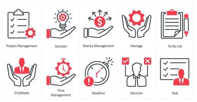 A set of 10 mix icons as project management, solution, money management vector