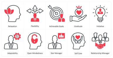 A set of 10 mix icons as relaxation, flexibility, achievable goals vector