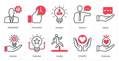 A set of 10 mix icons as adaptability, punctuality, initiative vector