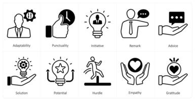 A set of 10 mix icons as adaptability, punctuality, initiative vector