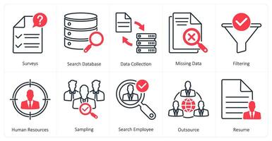 A set of 10 mix icons as surveys, search database, data collection vector