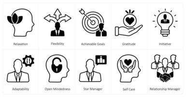 A set of 10 mix icons as relaxation, flexibility, achievable goals vector