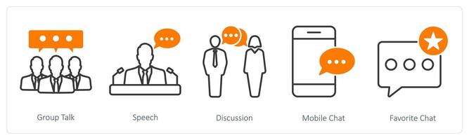 A set of 5 communication icons as group talk, speech, discussion, mobile chat vector