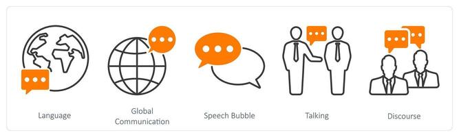 A set of 5 communication icons as language, global communication, speech bubble vector