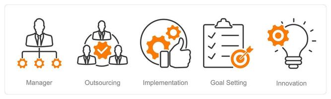 A set of 5 Project Management icons as manager, outsourcing, implementation vector