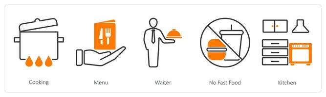 A set of 5 Restaurant icons as cooking, menu, waiter vector